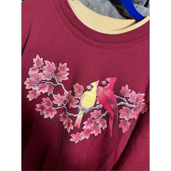 Vintage 1990s Women’s Bird Red yellow Nature Beautiful Crewneck Sweater - Picture 2 of 4
